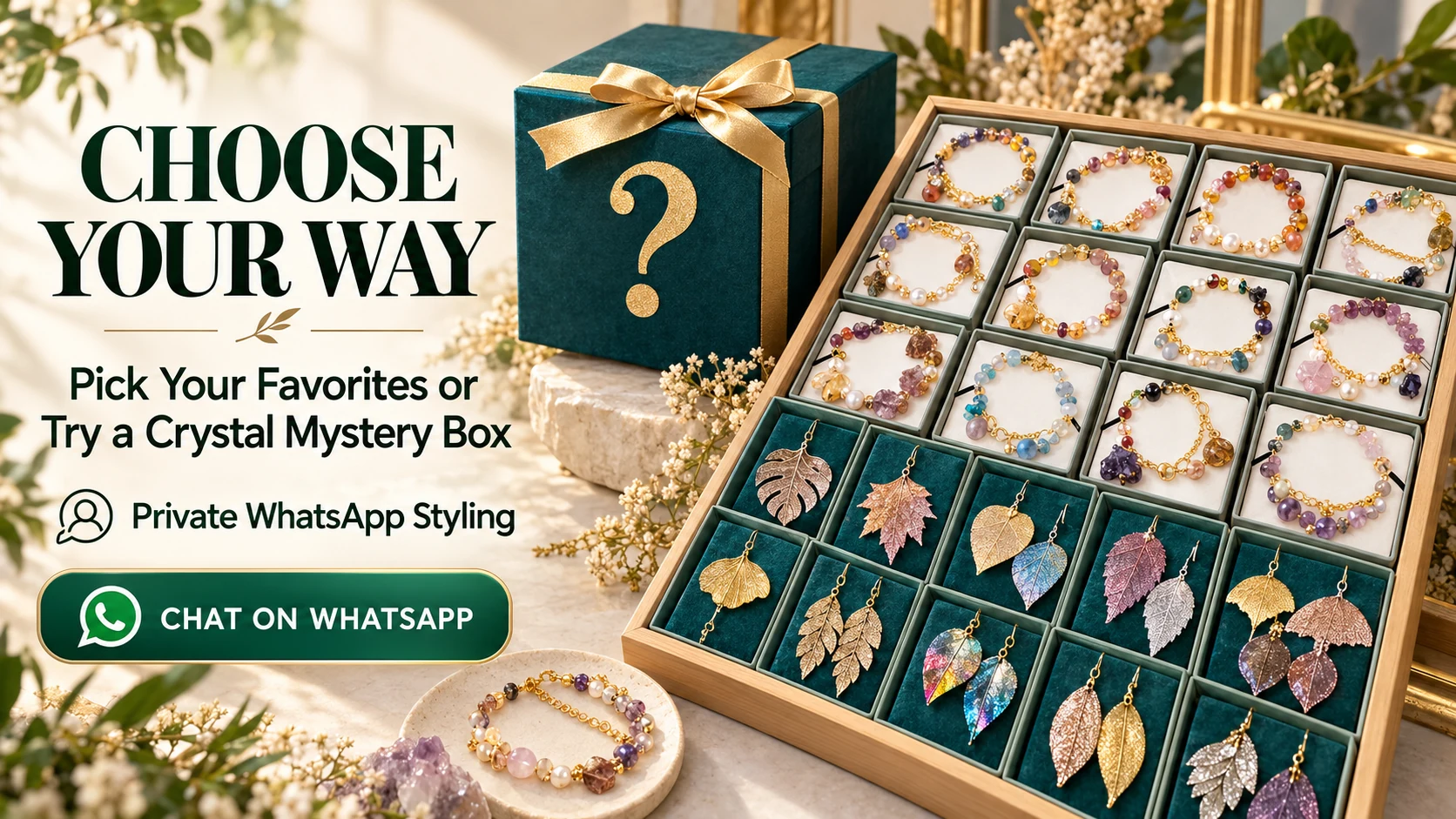 Choose crystal jewelry or order a mystery box through WhatsApp