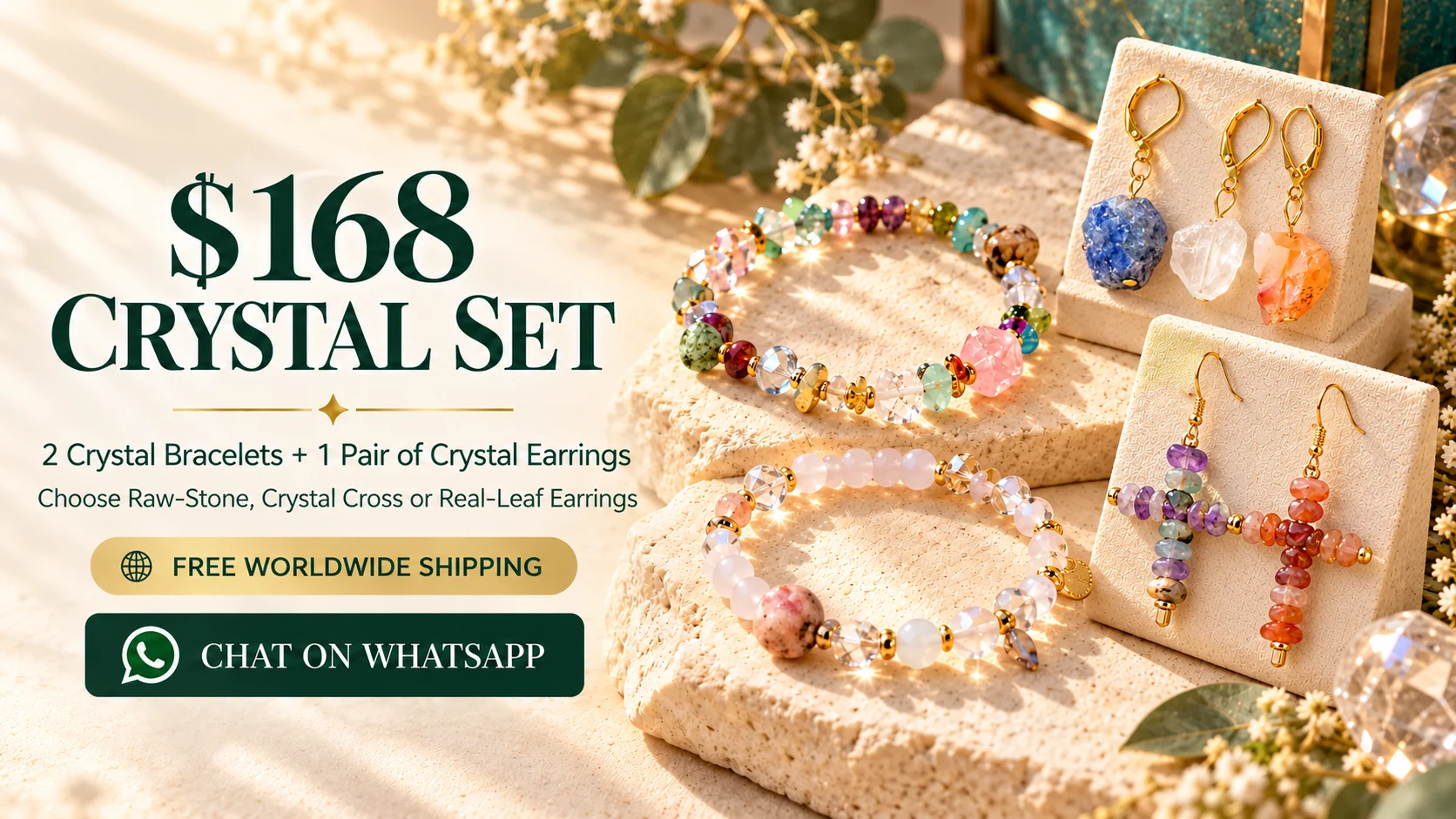 $168 crystal set with two bracelets and tiger-eye crystal earrings