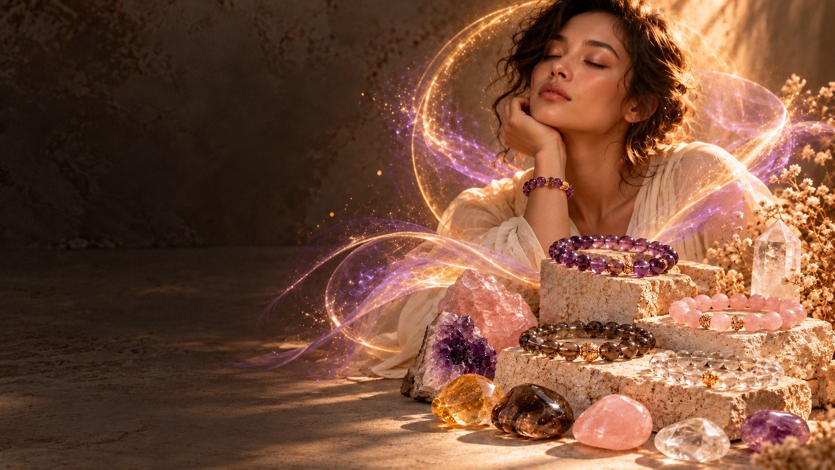 Woman surrounded by crystal energy with amethyst and rose quartz bracelets