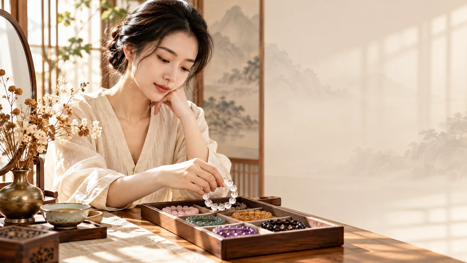 Woman wearing a crystal bracelet beside a Five Elements birth guide