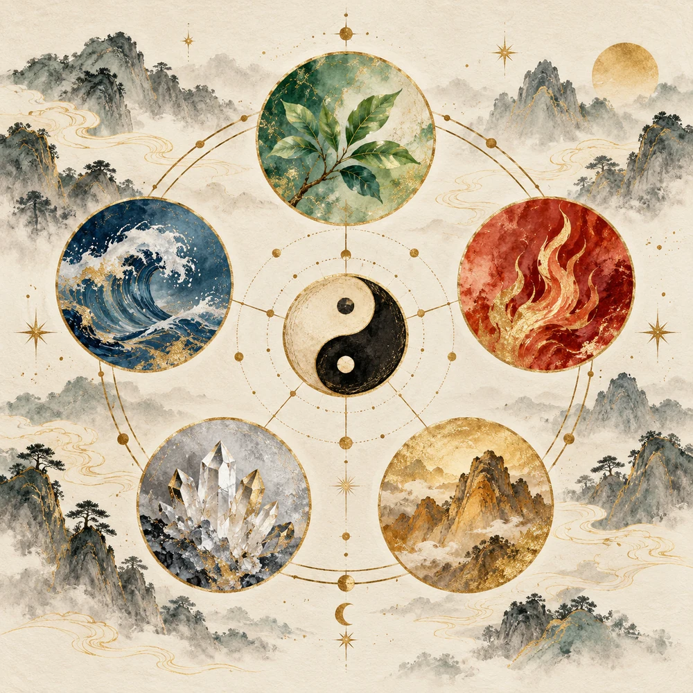 Five Elements cycle showing Wood, Fire, Earth, Metal and Water