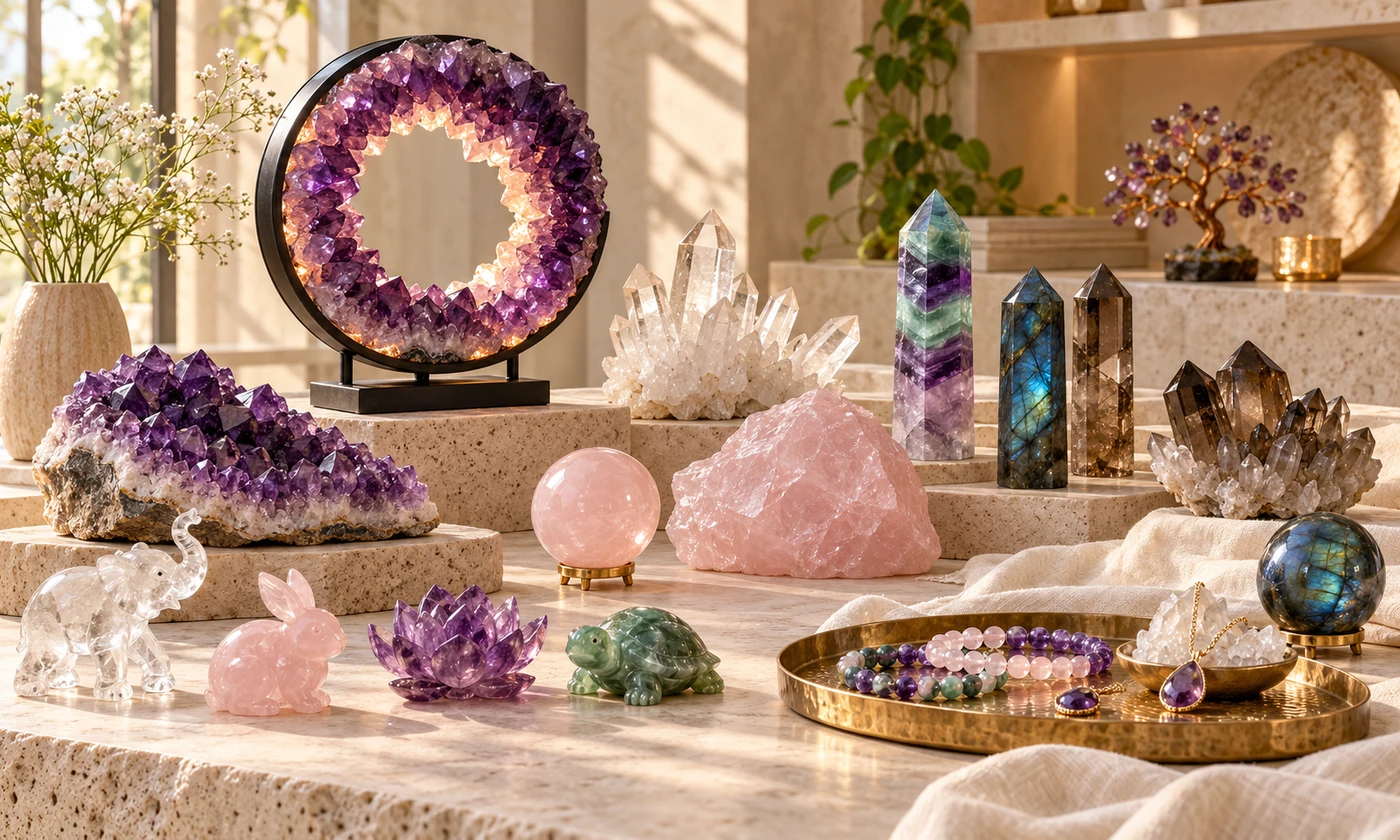 Crystal craft pieces on a warm neutral display