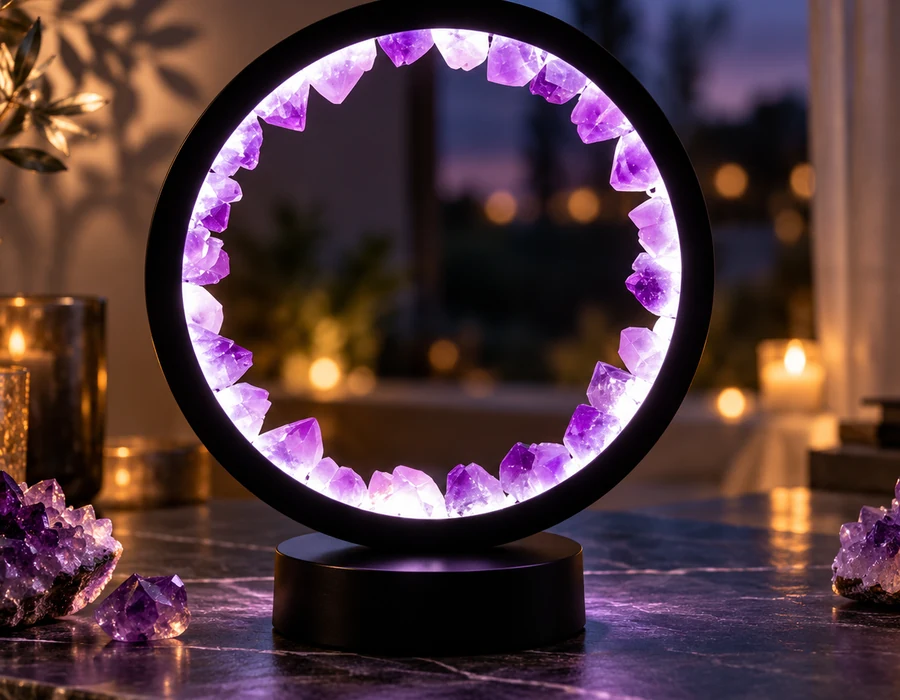 Circular illuminated amethyst crystal lamp