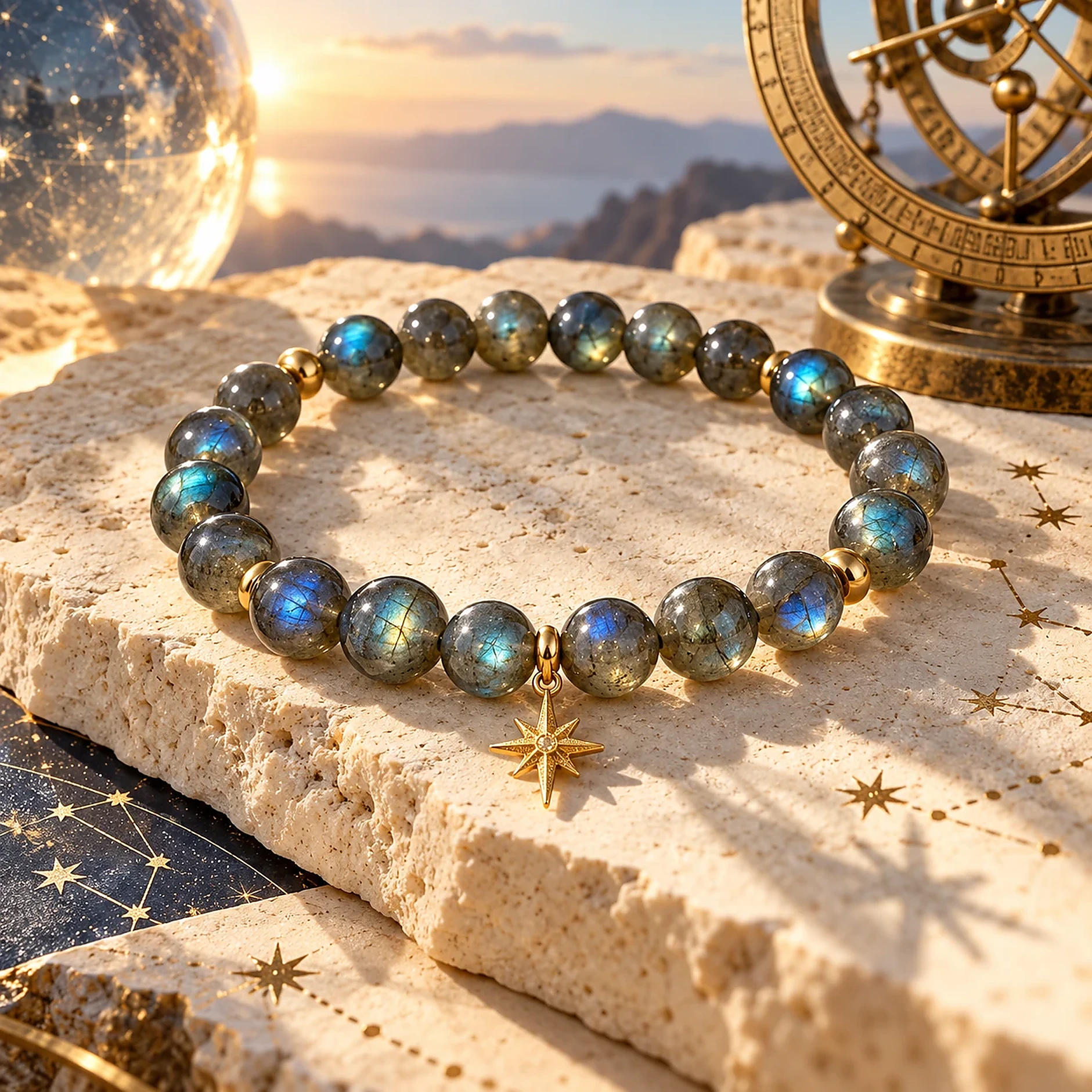 Labradorite Starpath crystal bracelet with gold eight-point star charm