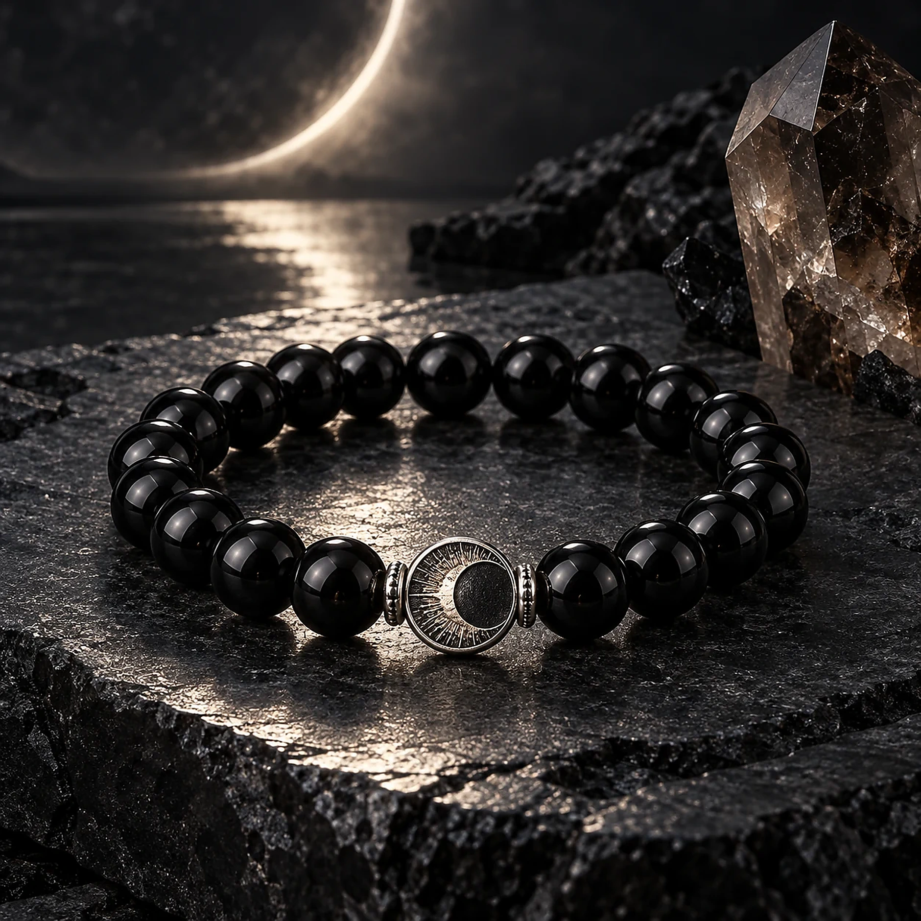 Black obsidian inspired crystal bracelet presented for a protection crystal guide