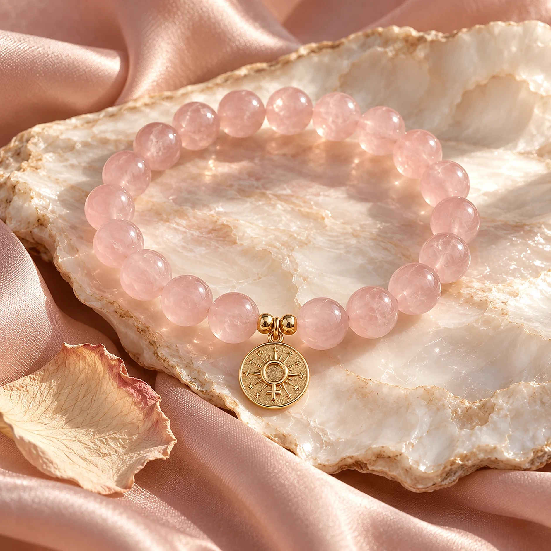 Rose quartz crystal bracelet used as a reminder for gentle self-care