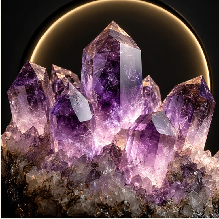 Illuminated raw amethyst points in a circular frame