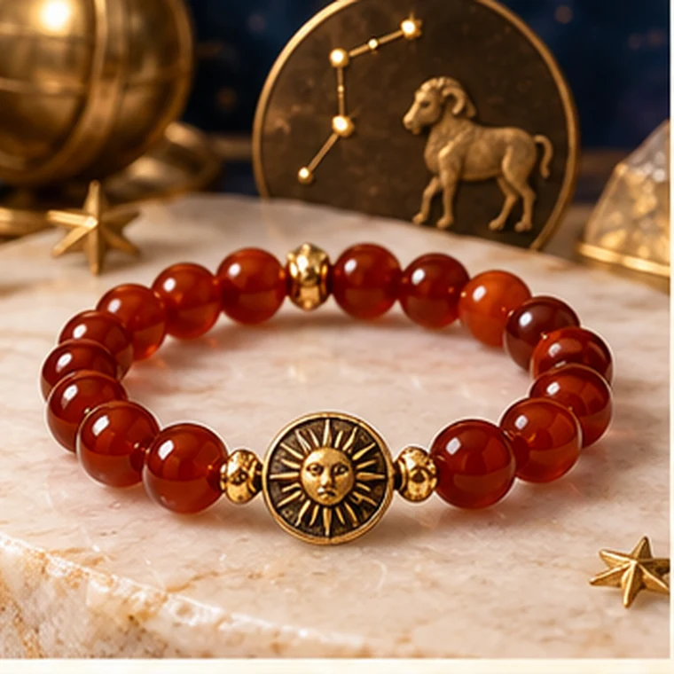 Aries zodiac crystal bracelet in red, rust, orange and warm gold colors