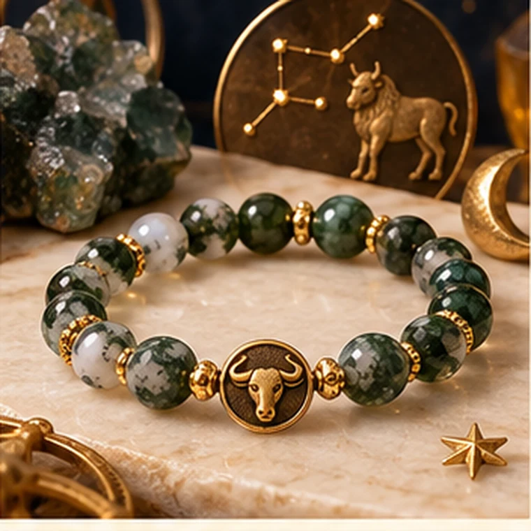 Taurus zodiac crystal bracelet in leaf green, blush, cream and warm earth colors
