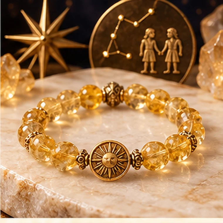 Gemini zodiac crystal bracelet in yellow, honey, clear and light blue colors