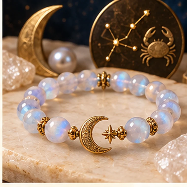 Cancer zodiac crystal bracelet in pearl white, moonlit blue, silver and soft pink colors
