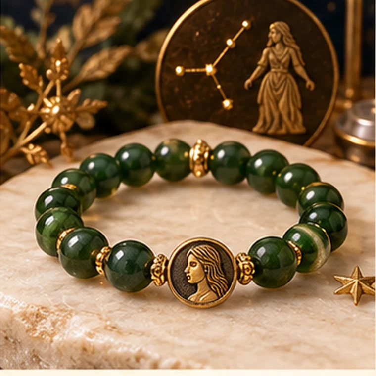 Virgo zodiac crystal bracelet in sage green, moss, cream and muted brown colors