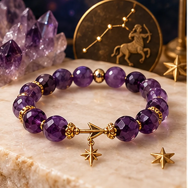 Sagittarius zodiac crystal bracelet in royal blue, violet, gold and warm brown colors