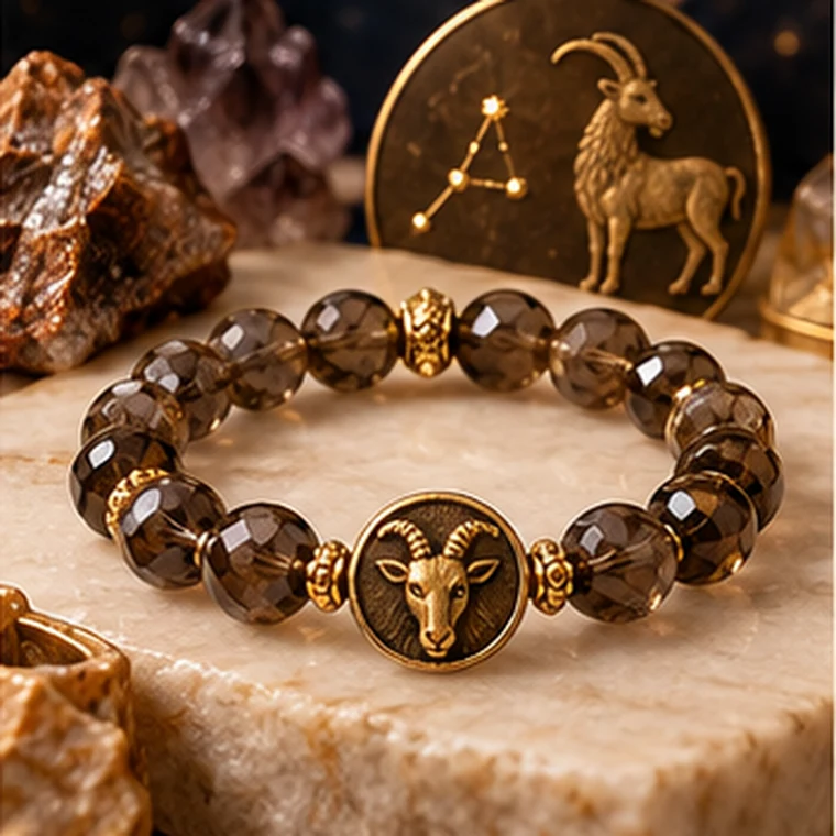 Capricorn zodiac crystal bracelet in smoky brown, black, charcoal and antique gold colors