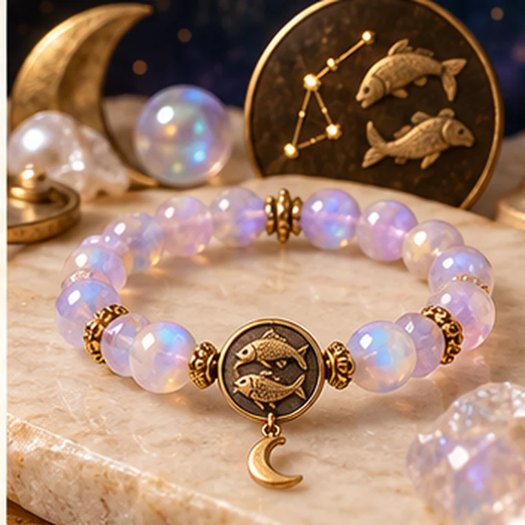 Pisces zodiac crystal bracelet in sea blue, violet, opalescent white and aqua colors
